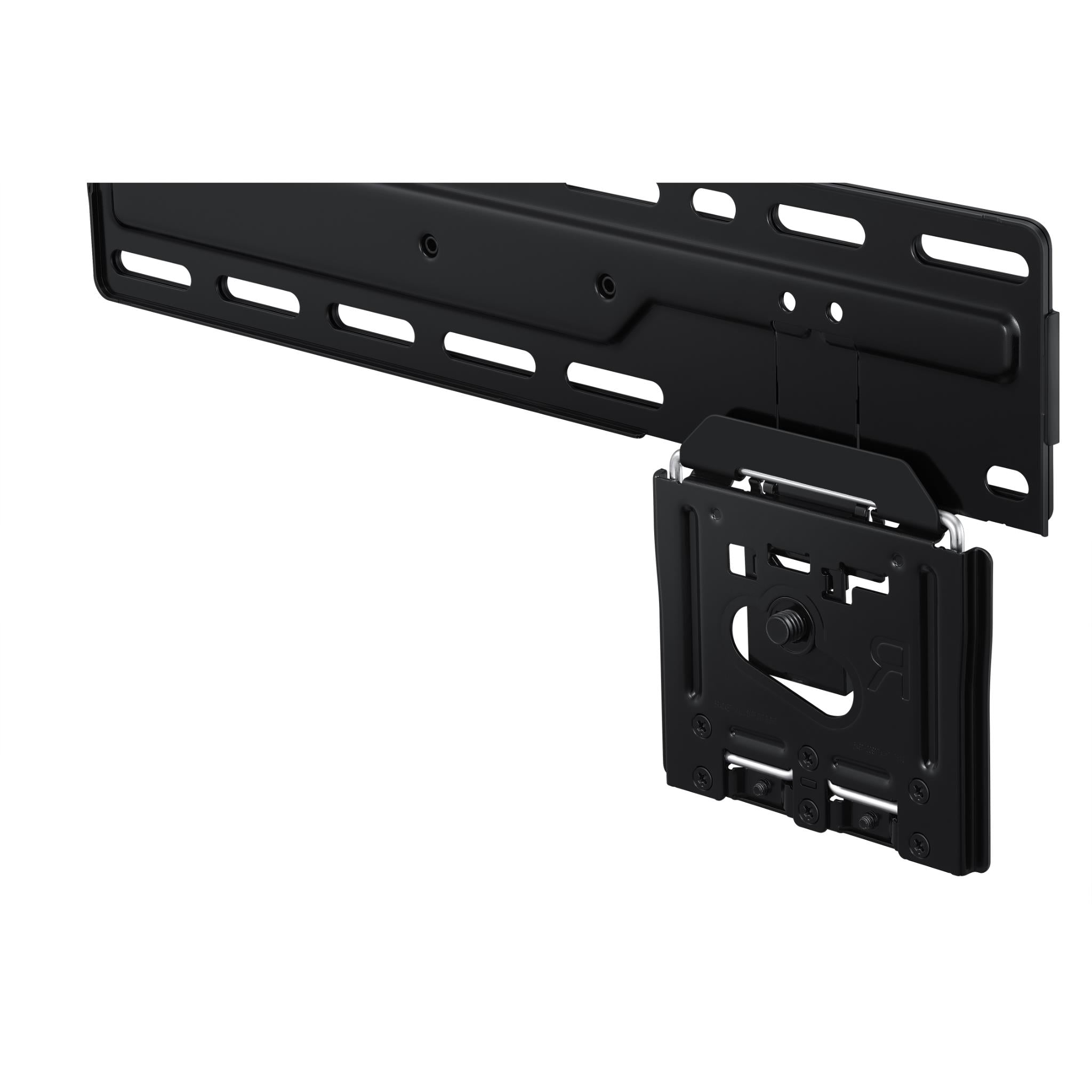 TV wall mount bracket with slim wall plate and attached VESA-style mounting plate, black