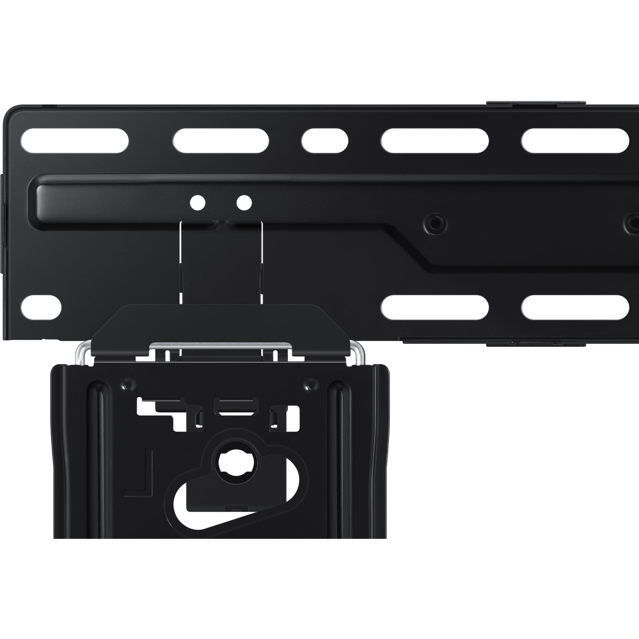 Close-up of TV wall mount bracket with VESA mount plate and mounting arm, black