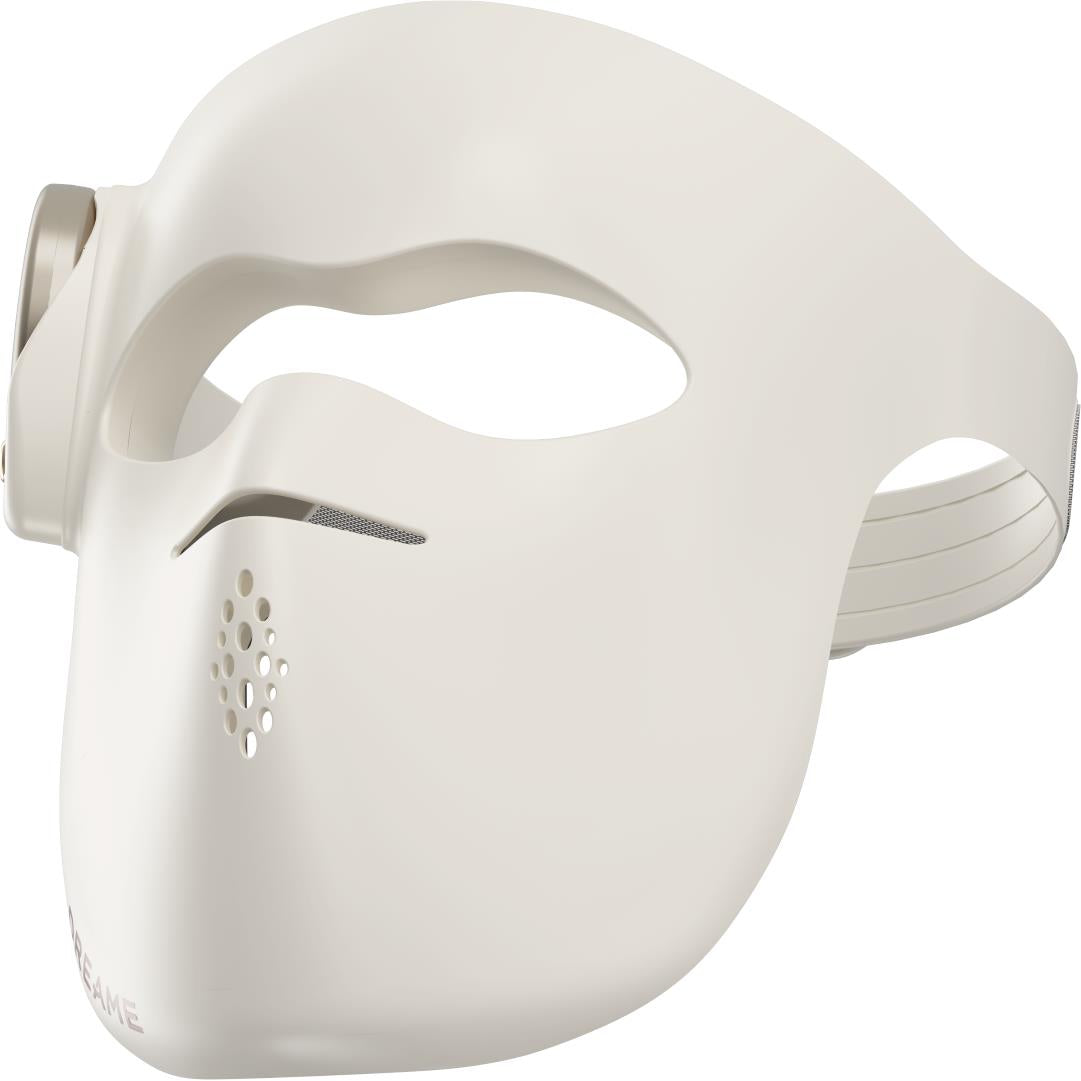 Rechargeable LED face mask, white front with eye cutout and small vent holes