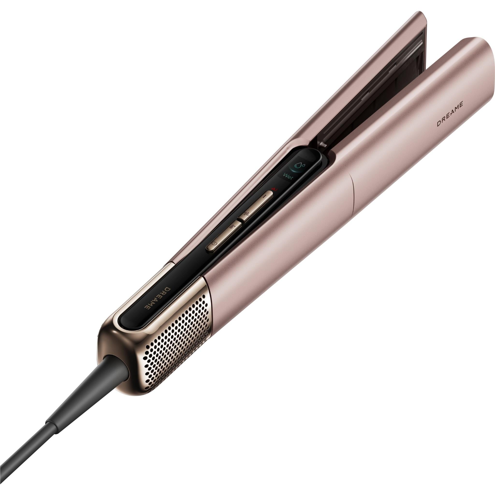 Rose-gold straightener with black heating plates and airflow vent