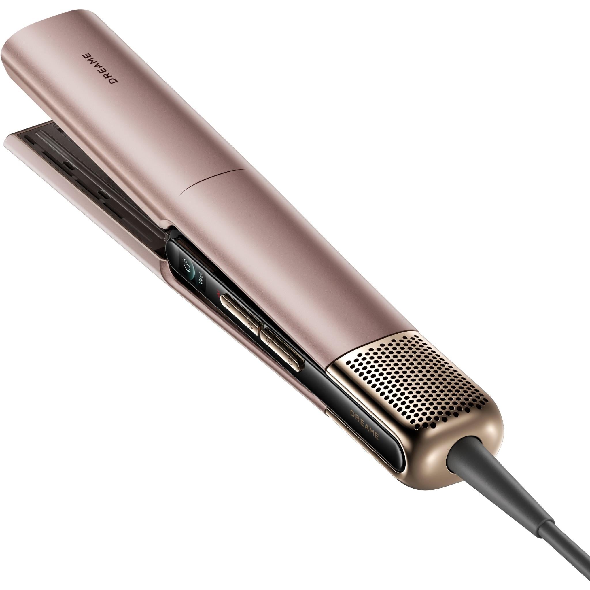 Rose-gold straightener with visible heat plates and vented barrel