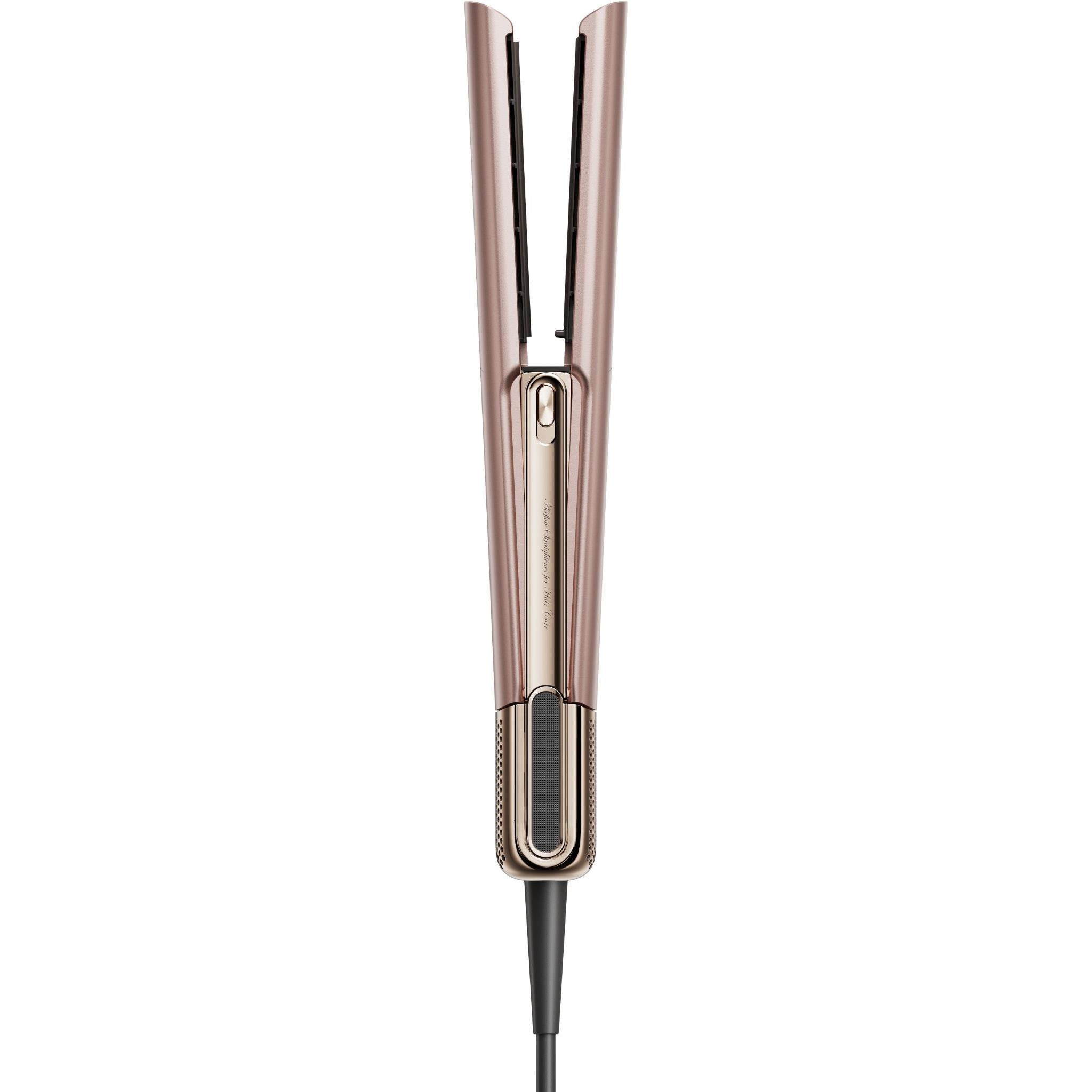 Rose-gold straightener tool with button detail and side vents