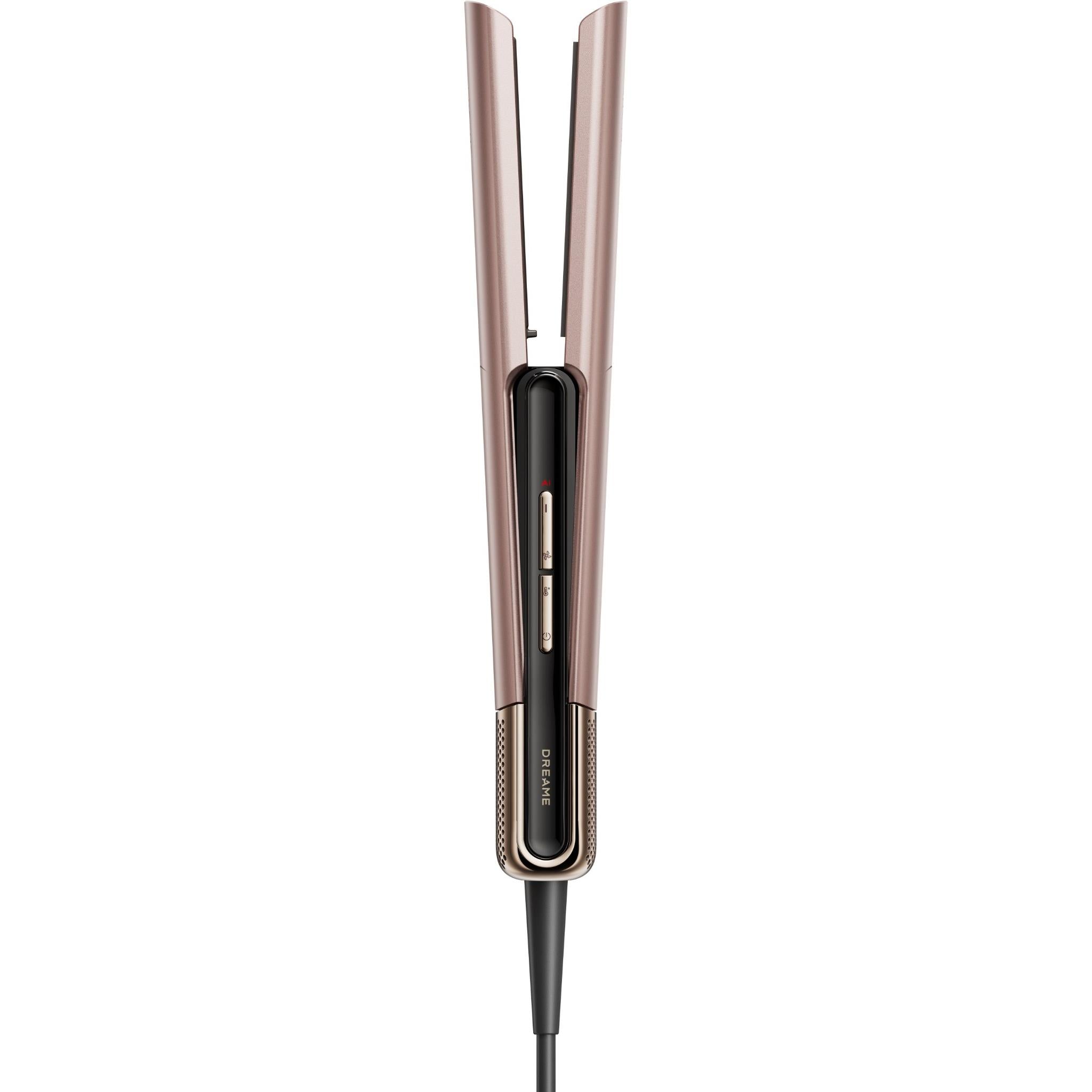 Rose-gold straightener with black control strip and vented grip