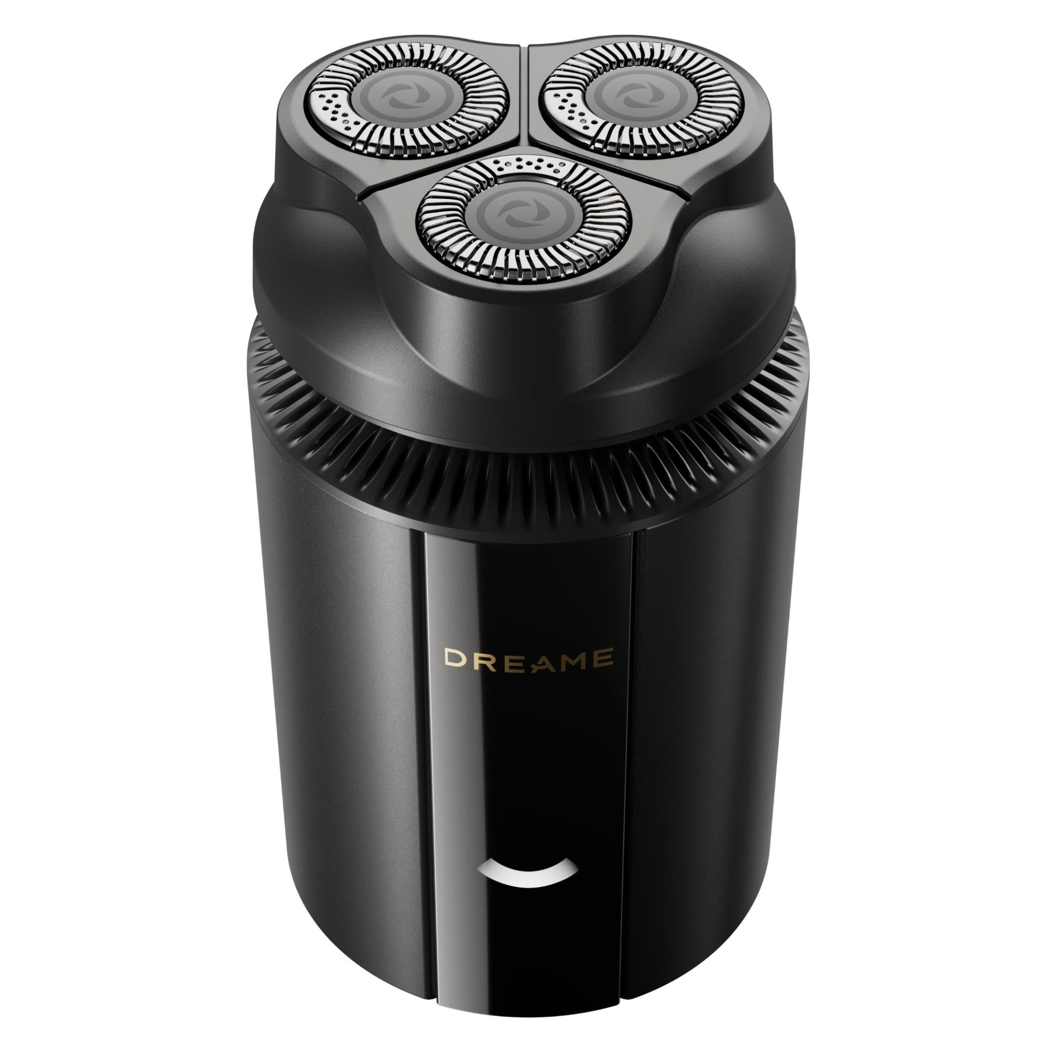 Black electric beard shaver with three rotating heads and front power button