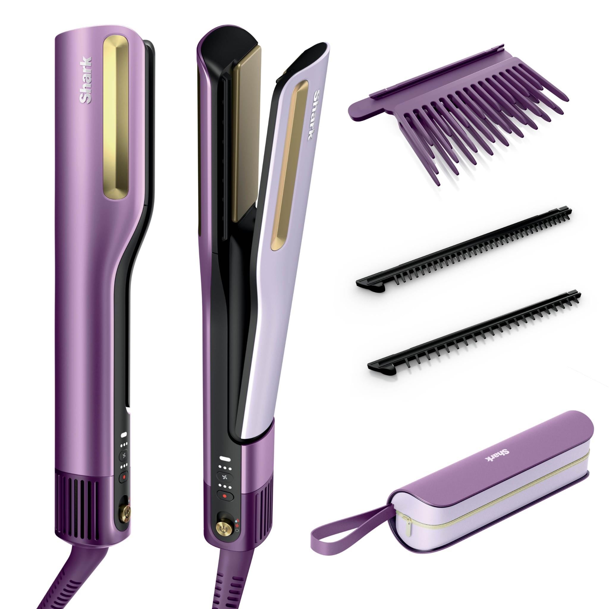 Purple hair straightener with two plates and three detangling combs