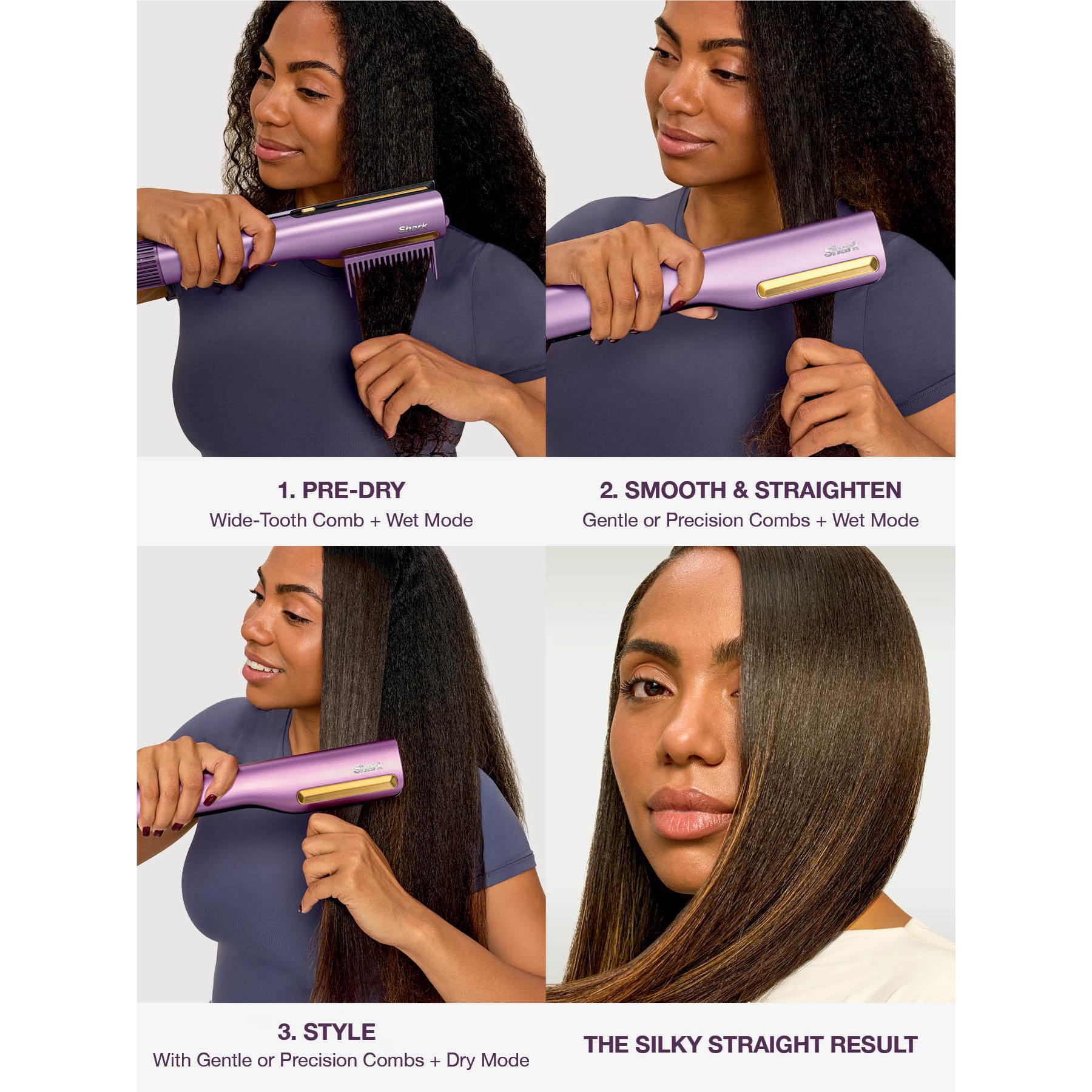 Purple hair dryer and straightener styling curly hair with comb attachment