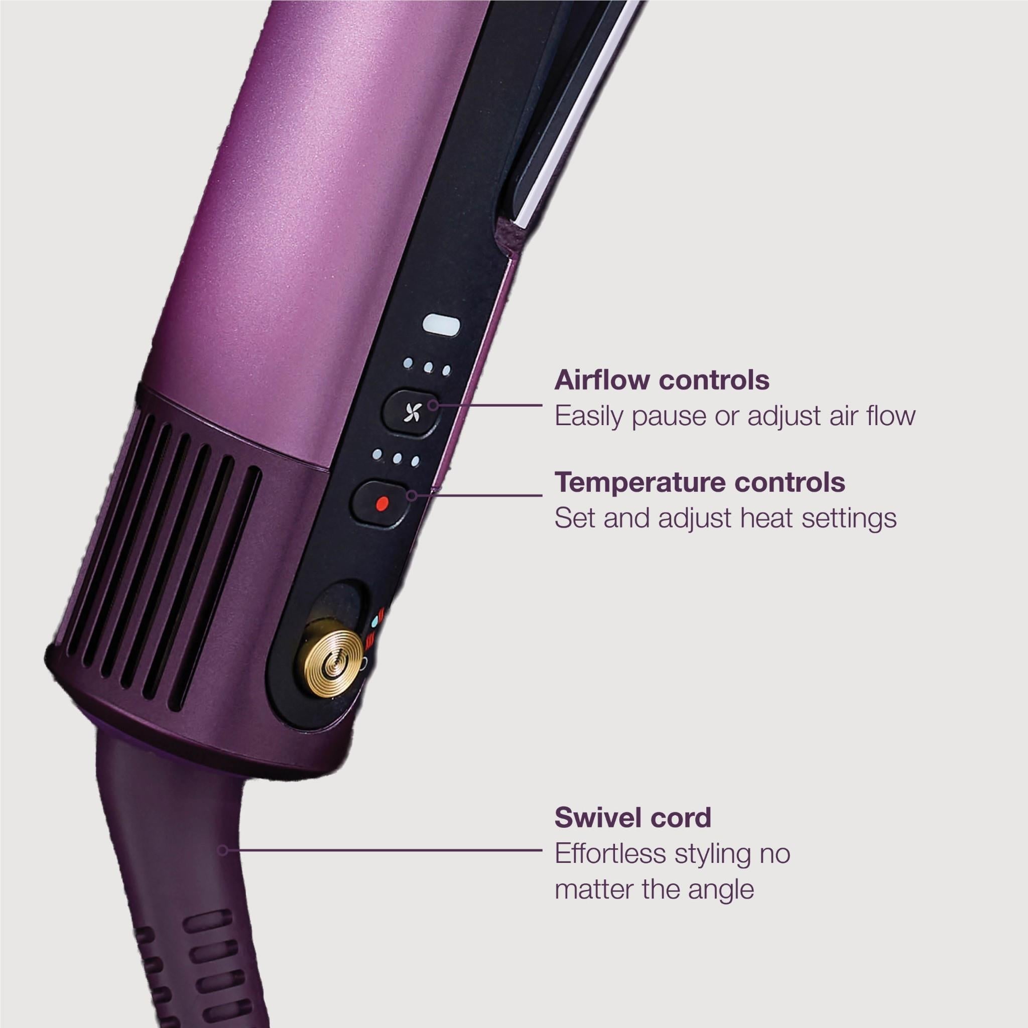Purple hair straightener side close-up showing airflow and temperature controls