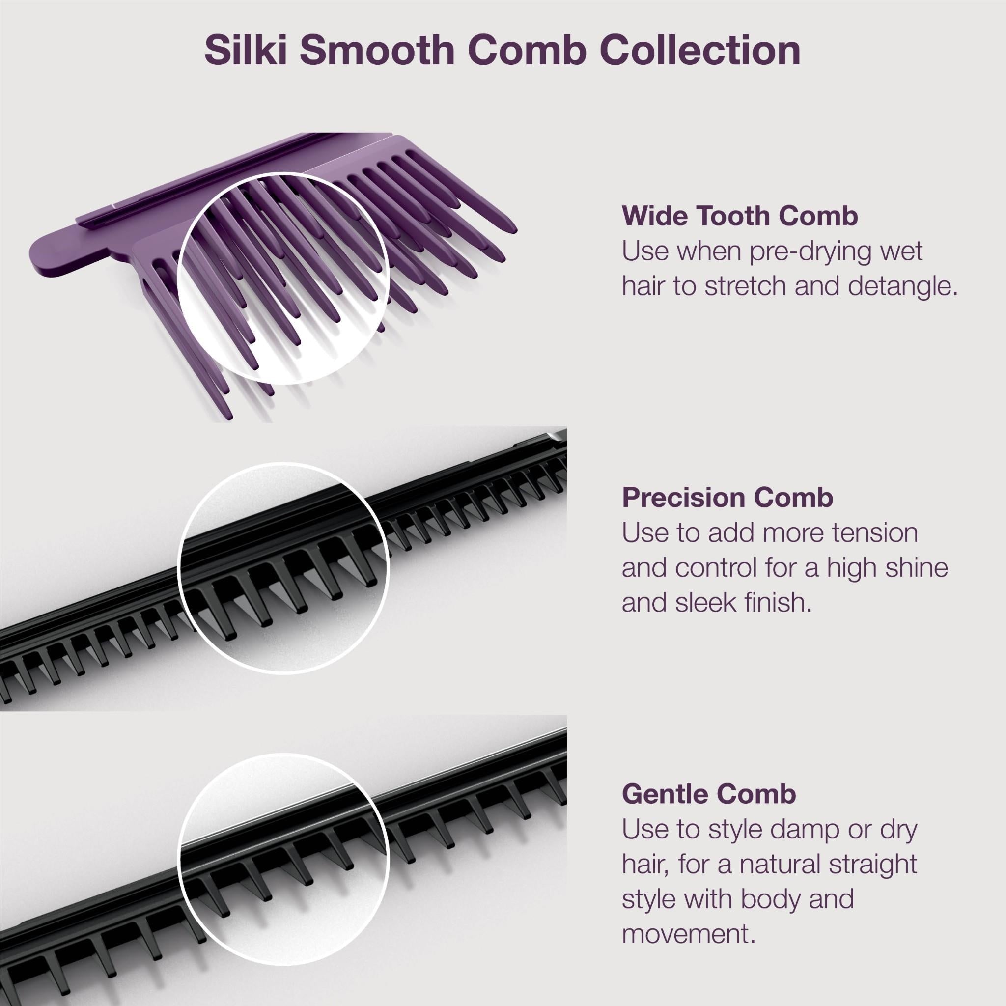 Three purple hair comb attachments: wide-tooth, precision, and gentle combs
