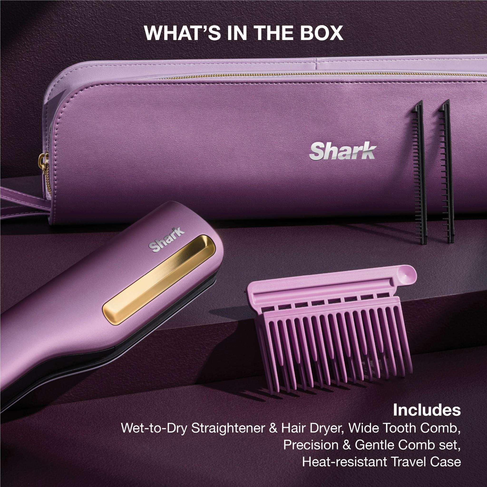 Shark purple travel case with hair straightener and included combs
