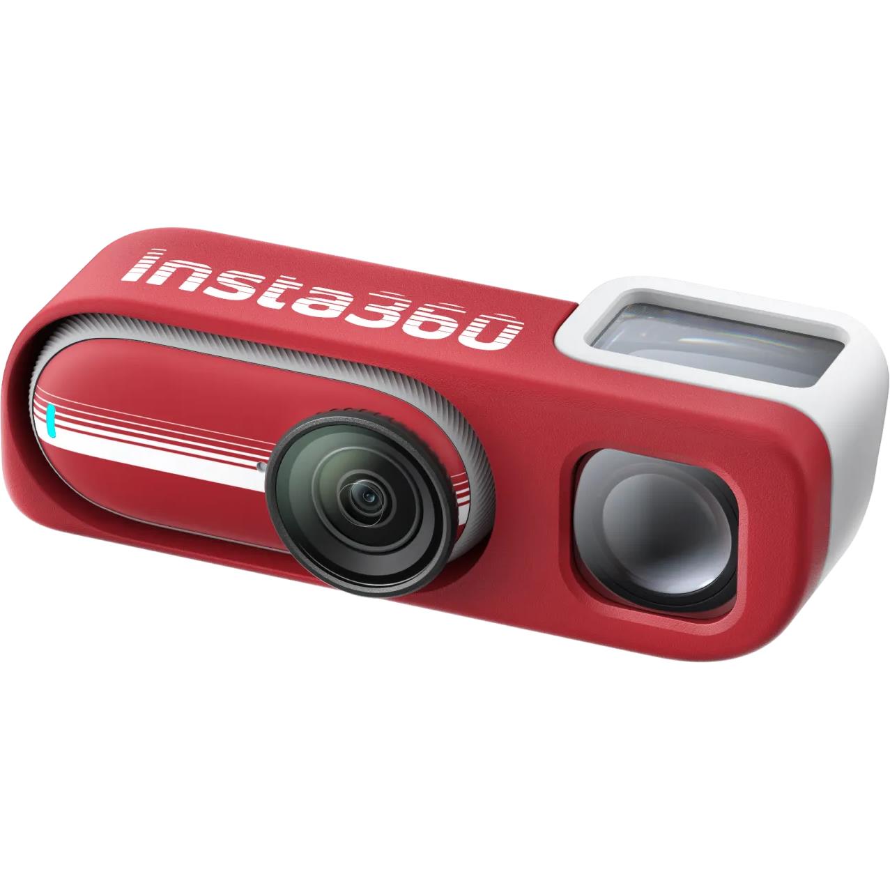 Red action camera with wide-angle lens and side display window