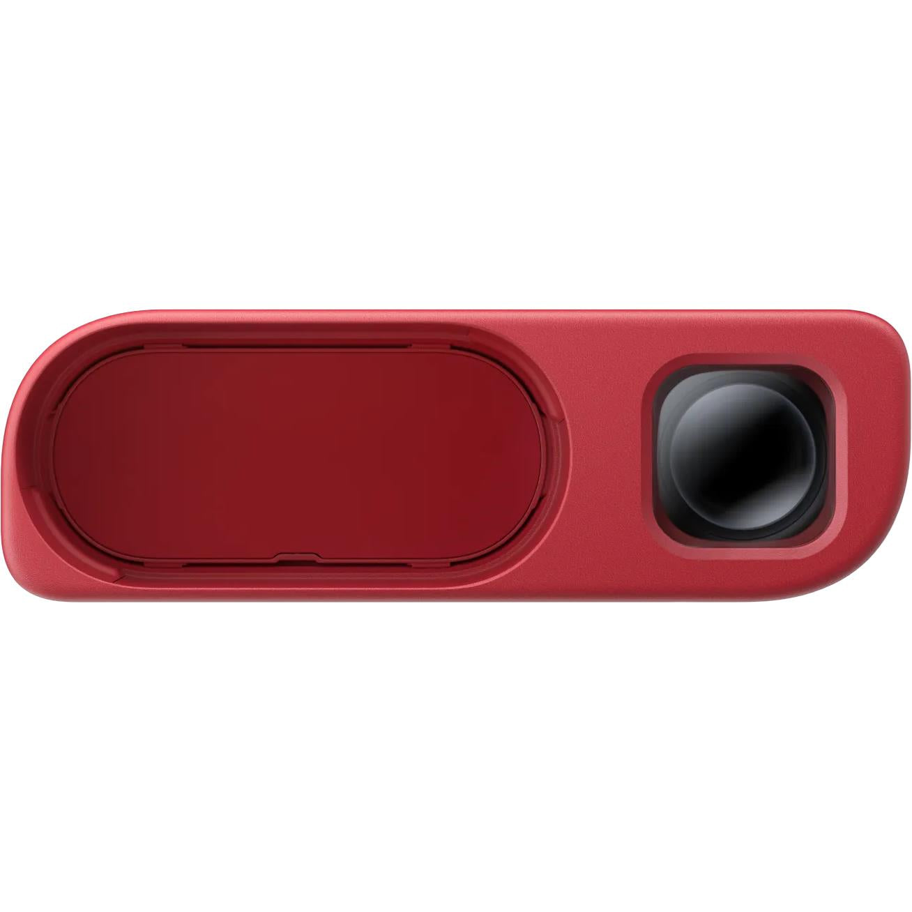 Red action camera back with large circular lens opening