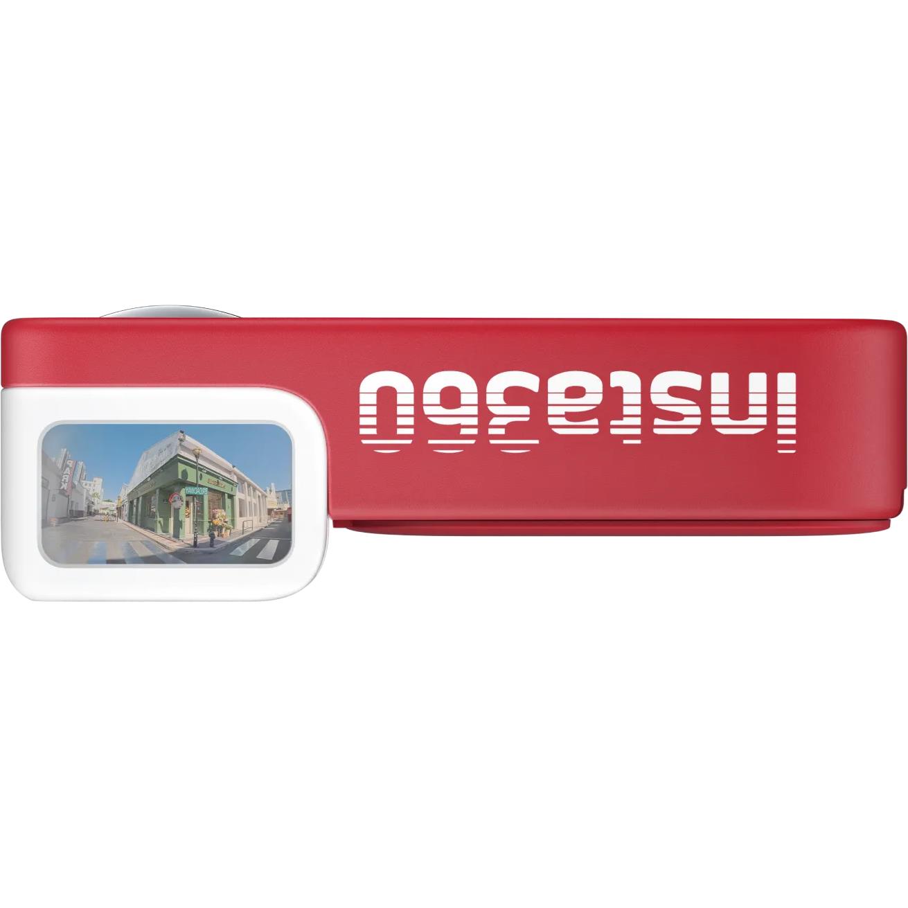 Red action camera with small front display window and lens
