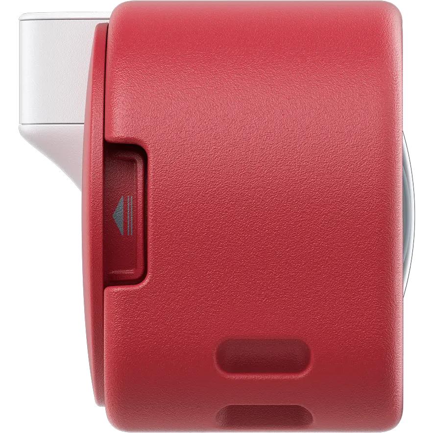 Red action camera side panel with control button and vent