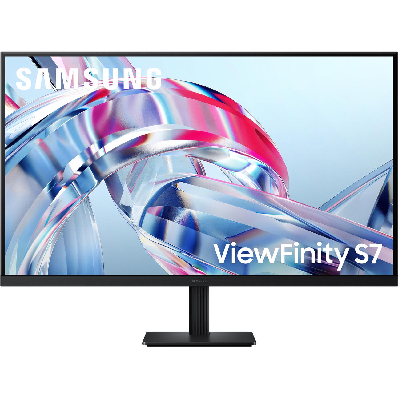 Black Samsung monitor front view with colorful curved artwork on screen