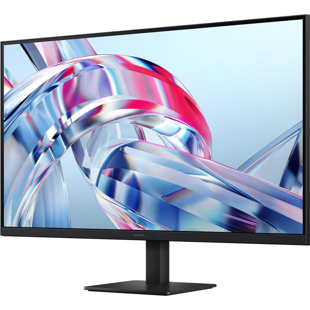 Black Samsung monitor front view, screen showing colorful abstract curved lines