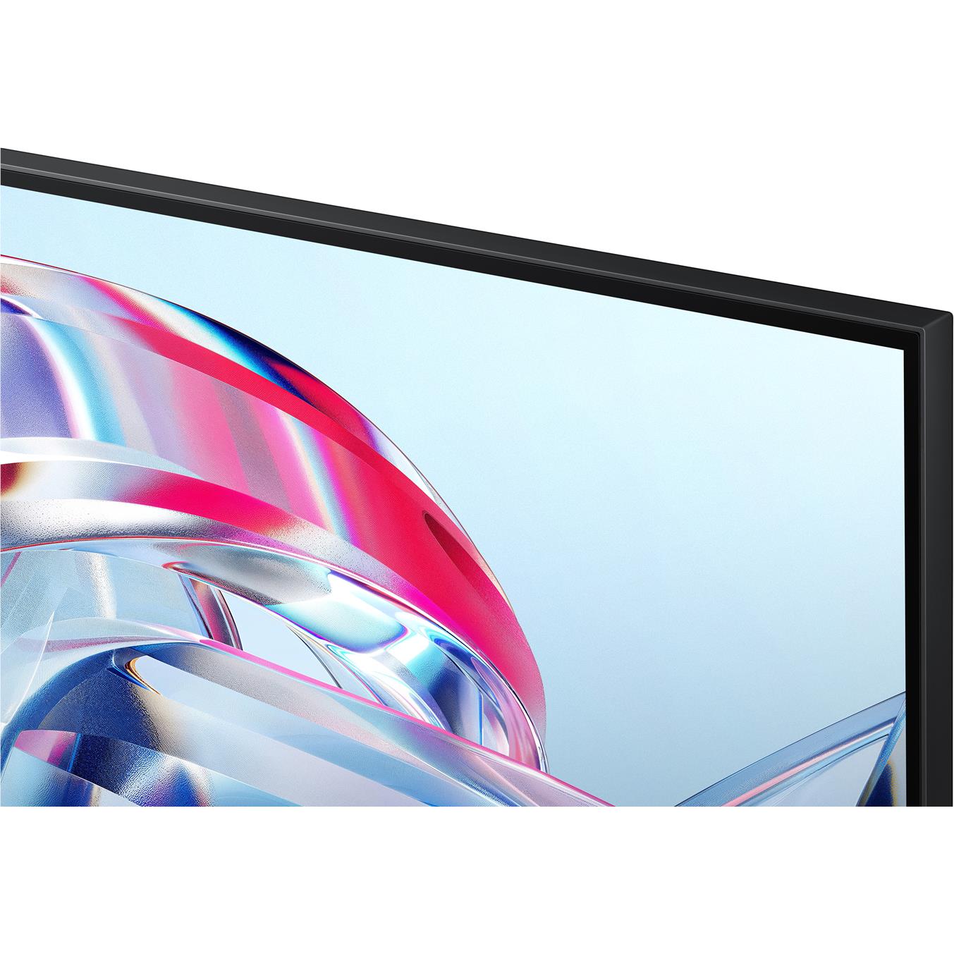 Black Samsung monitor close-up of top bezel and colorful screen artwork