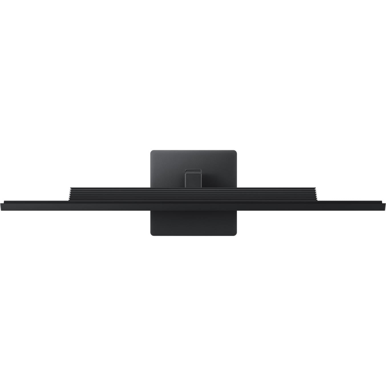 Black monitor stand with central mount and horizontal base, rear view