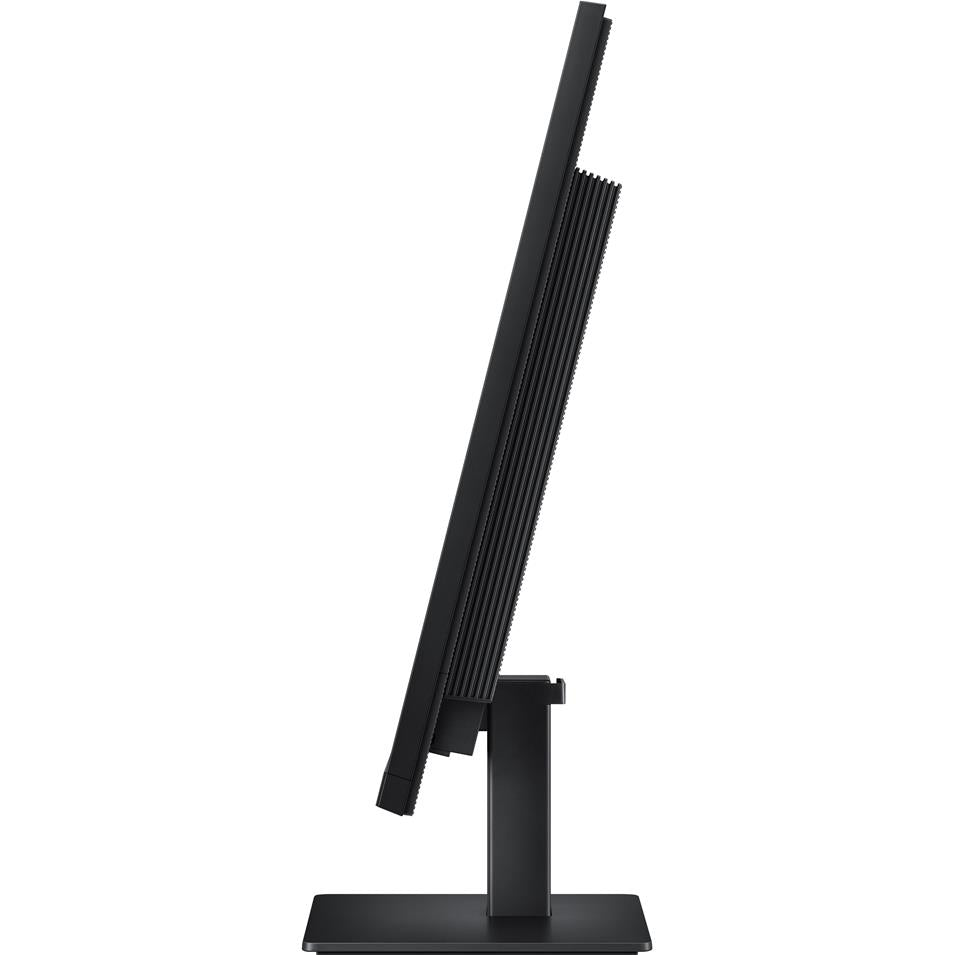 Black monitor on stand, side angle showing slim vertical support