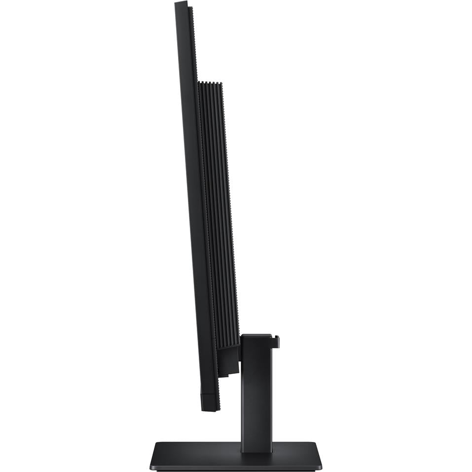 Black monitor stand side view with vertical supports and base