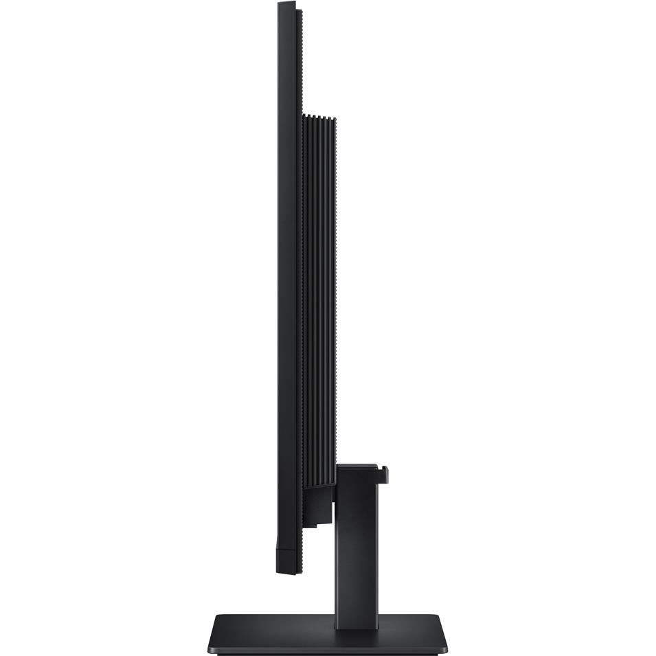 Black monitor stand back/side view with vertical support and base