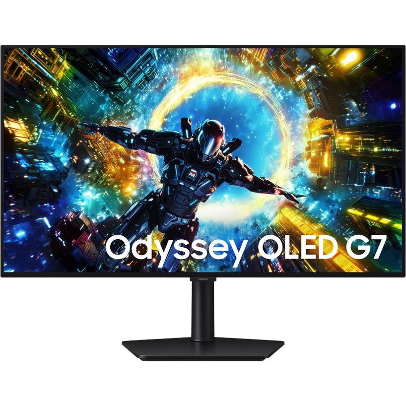 32-inch OLED gaming monitor with black stand, front view, sci-fi display on screen