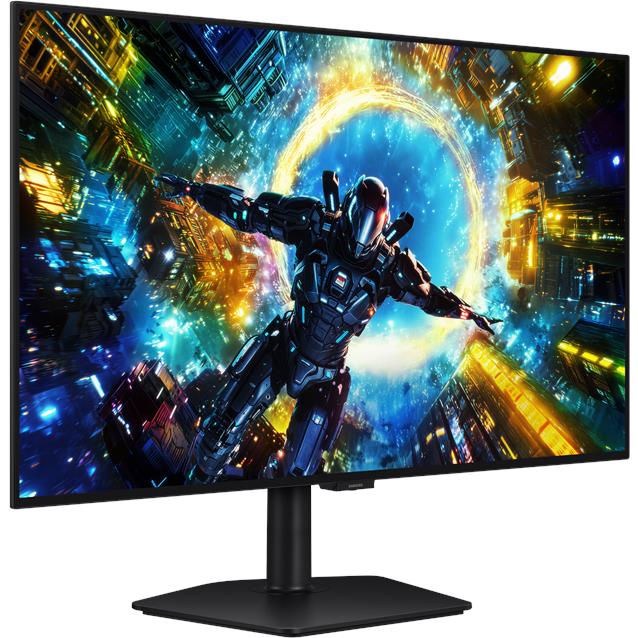 32-inch OLED gaming monitor, angled front view with black pedestal stand