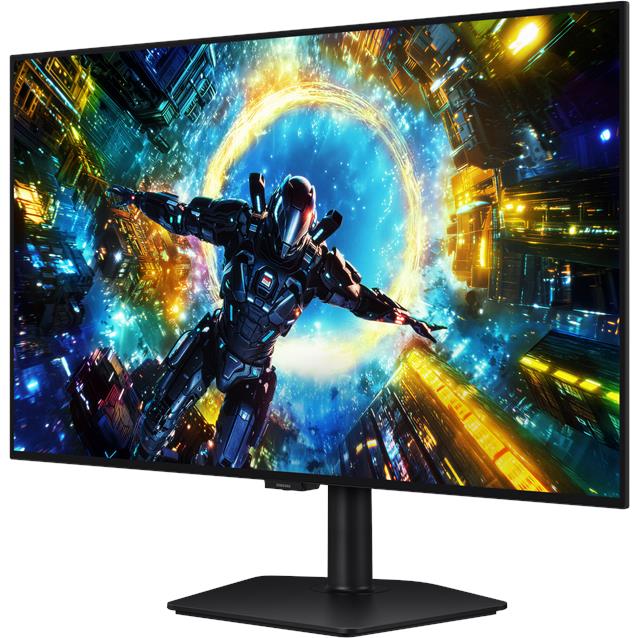 32-inch OLED gaming monitor with black pedestal stand, close front angle