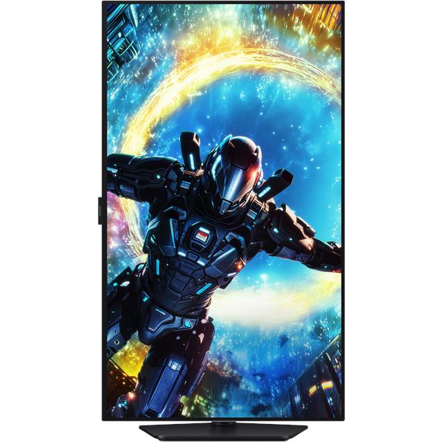 32-inch OLED gaming monitor, front view with tilted bezel and black stand base