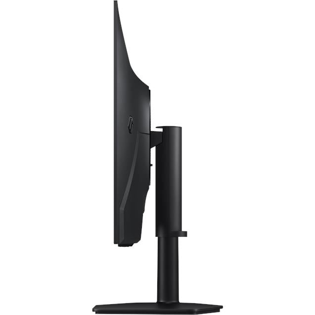 OLED gaming monitor back/side view with black stand and vertical support post