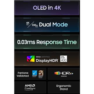 OLED in 4K dual mode features graphic with response time and HDR badges