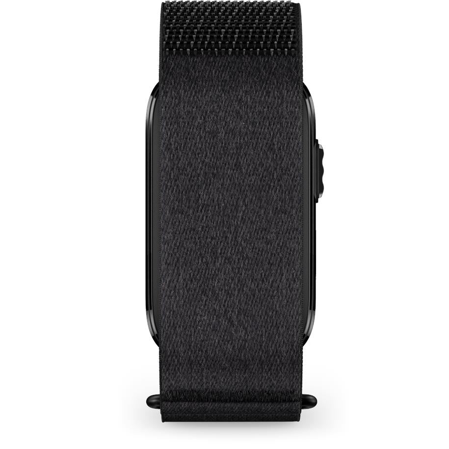 Black screenless health tracker band with fabric strap and fastening loop