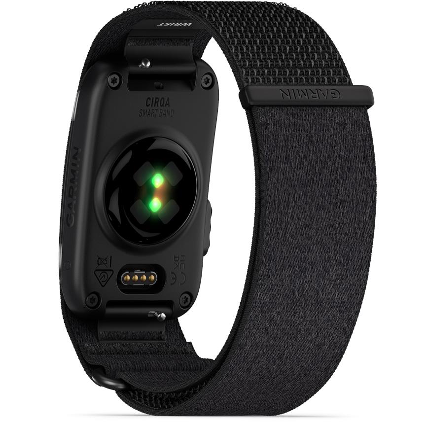 Black screenless health tracker band with device housing and LED glow