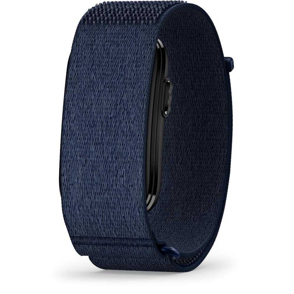 Blue screenless health band with woven fabric strap and black sensor housing