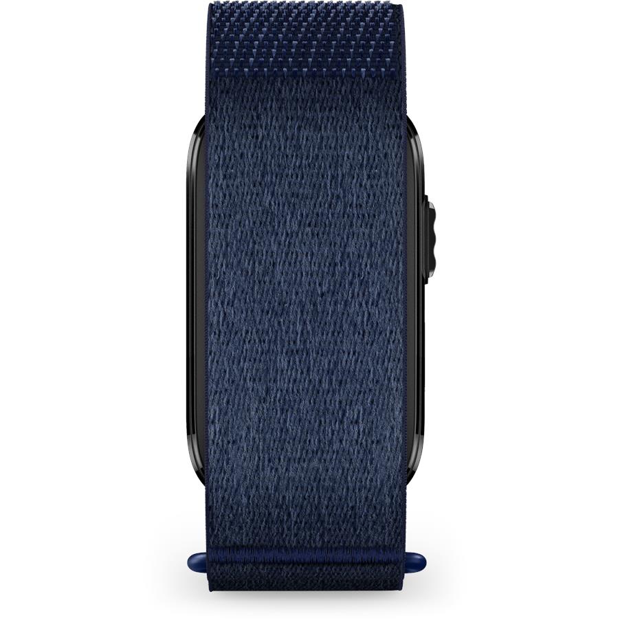 Blue woven fabric strap with black clasp and edge of screenless health module