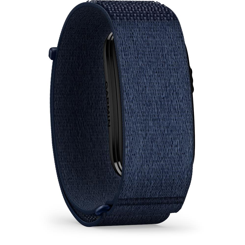 Blue screenless health band on woven strap with adjustable clasp and black housing