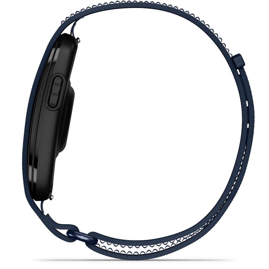 Blue woven fabric health band with black sensor module, viewed from side