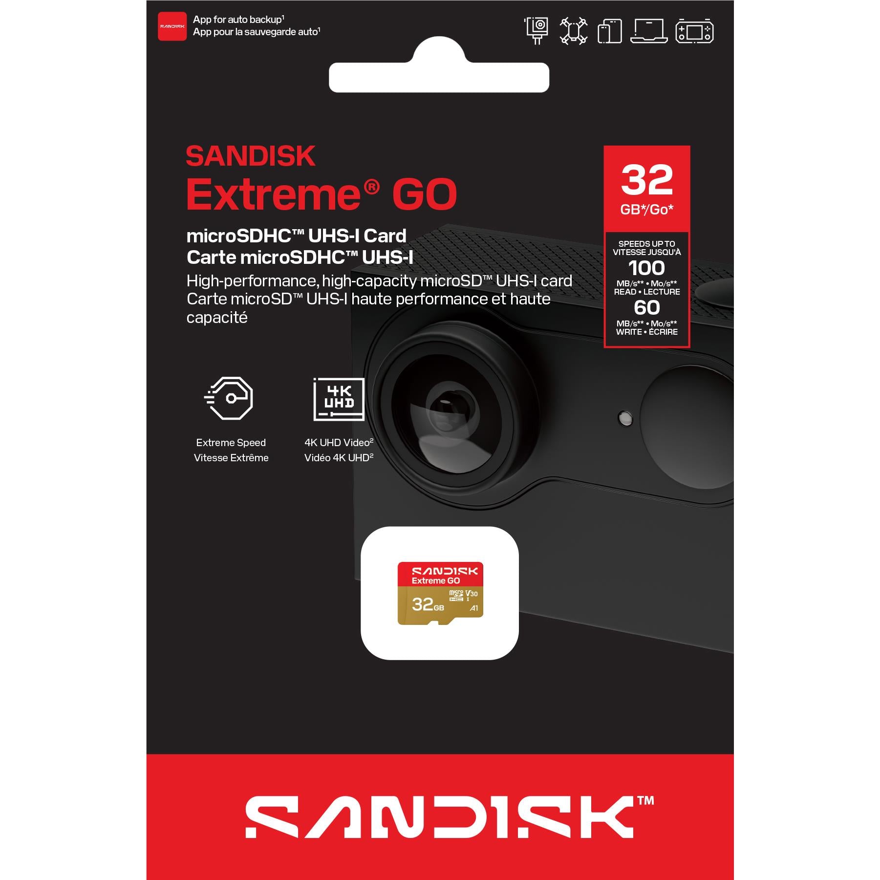 SanDisk Extreme GO 32GB microSDHC UHS-I card retail package with speed and 4K icons