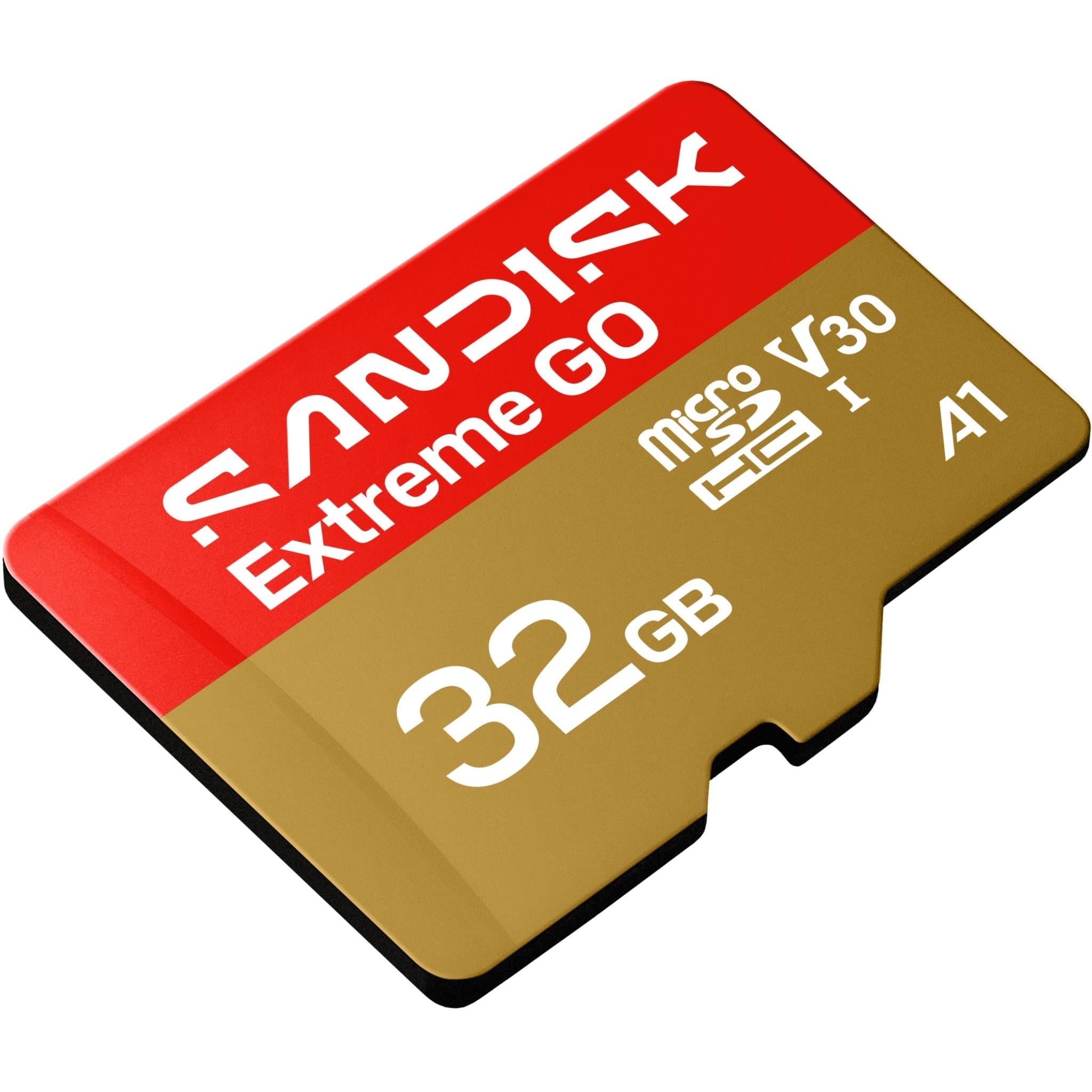 SanDisk Extreme GO microSDHC 32GB card, UHS-I V30 A1, red/gold, angled