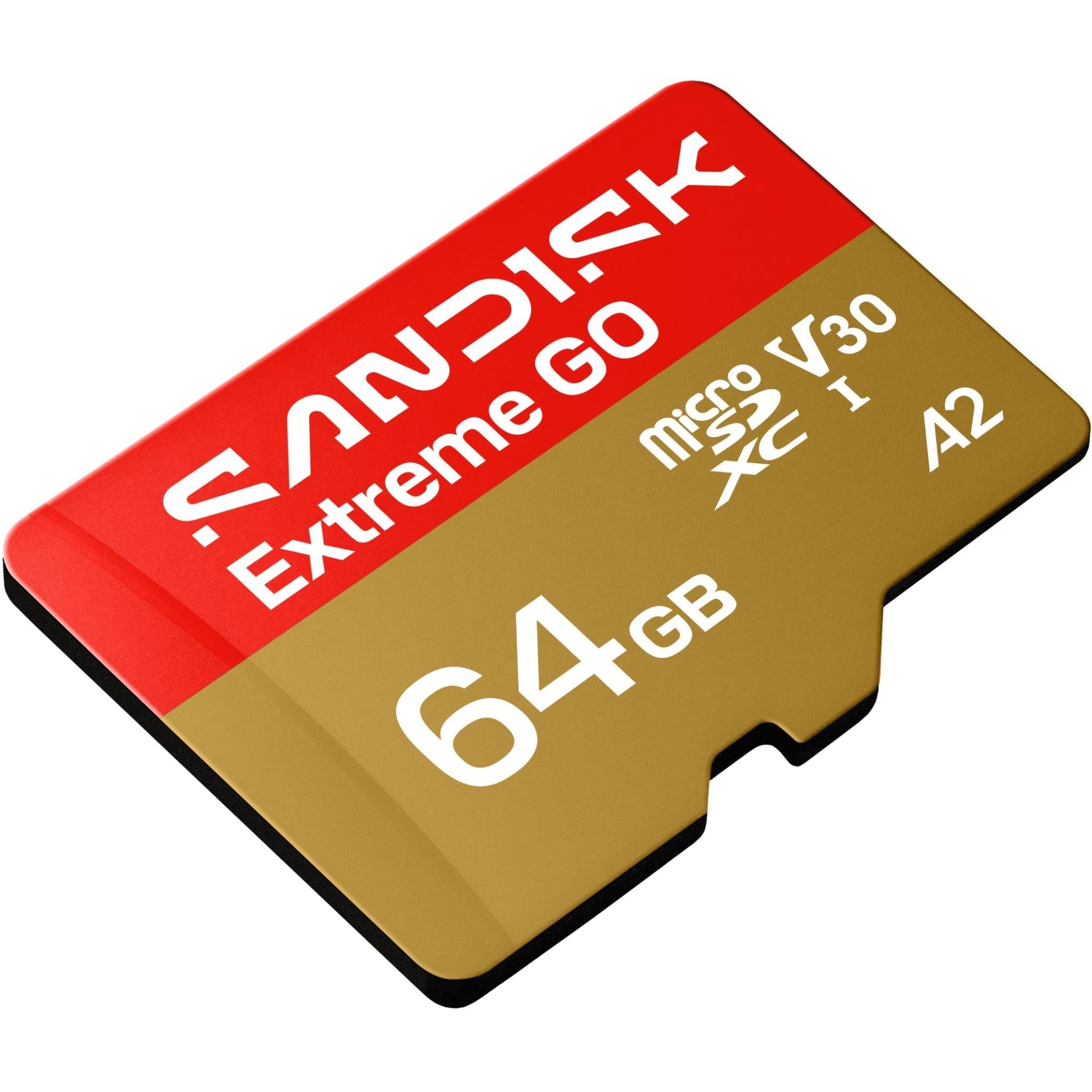 microSDXC memory card, angled red/gold 64GB V30 A2