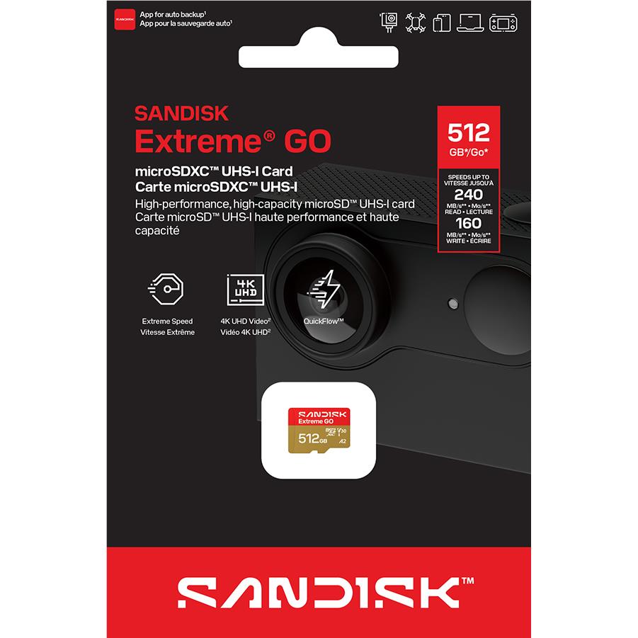 SanDisk Extreme GO 512GB microSDXC UHS-I memory card, image 2 - Memory Cards & Readers at Tech Supply Shed NZ