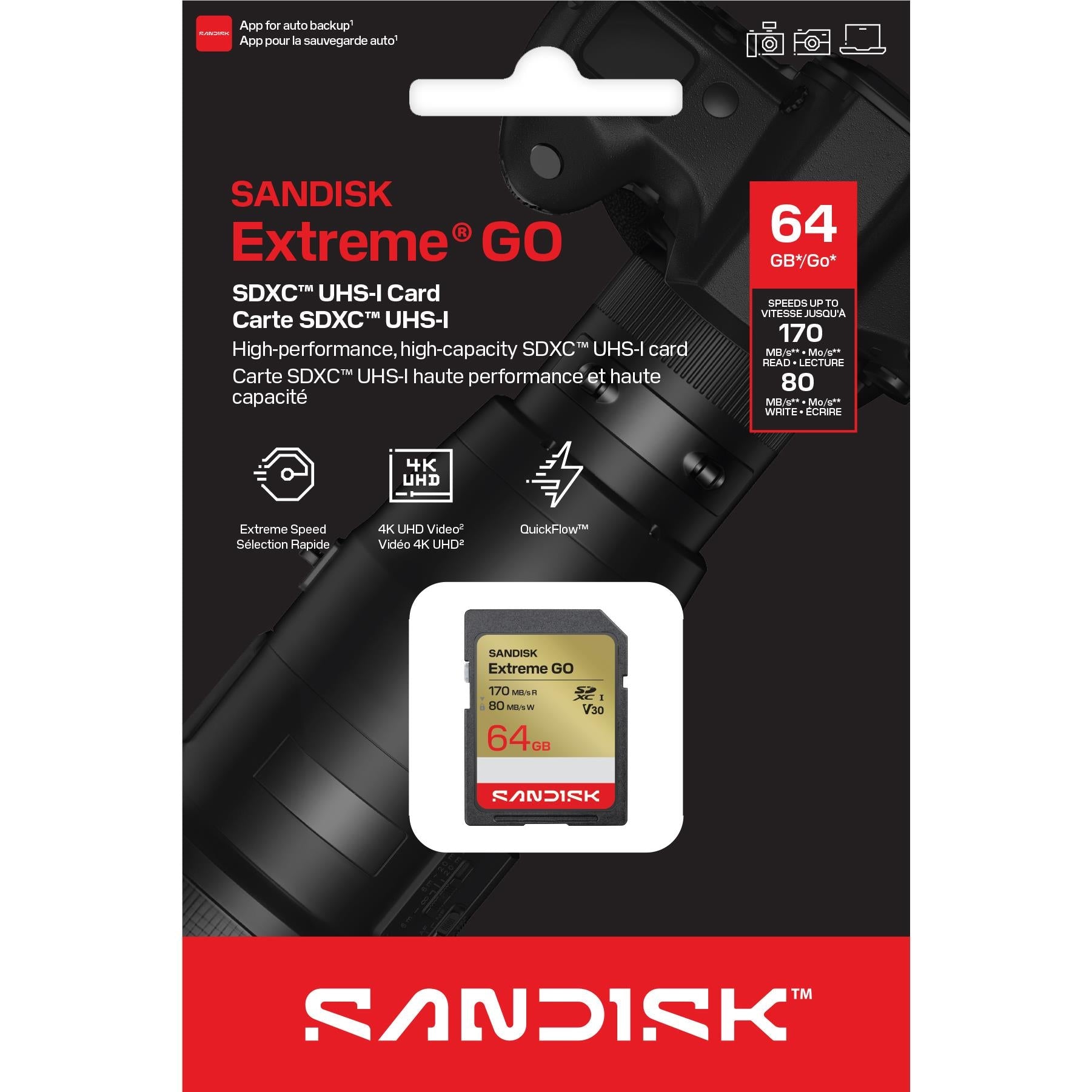 SanDisk Extreme GO 64GB SDXC UHS-I memory card, image 2 - Memory Cards & Readers at Tech Supply Shed NZ