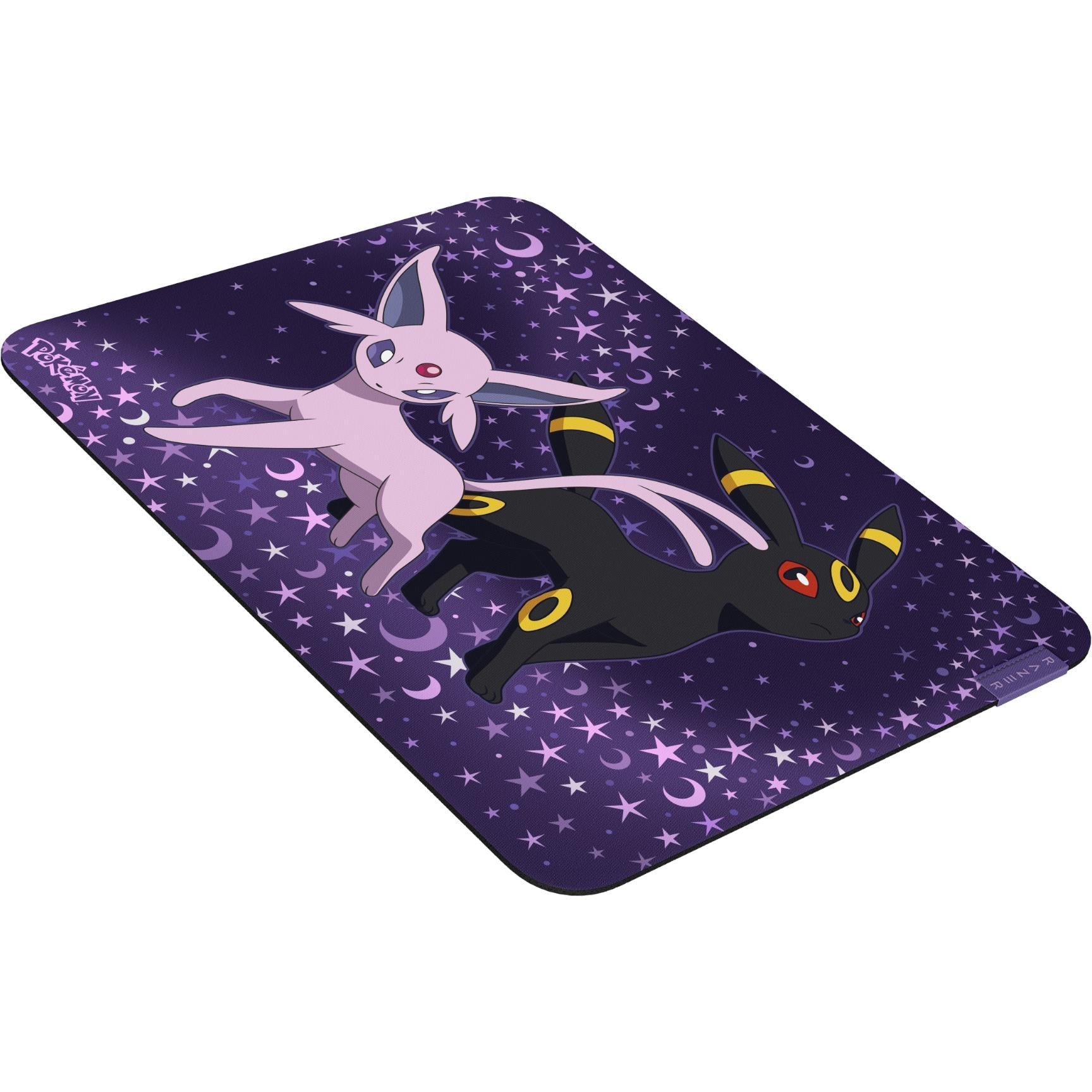 Purple rectangular mouse mat with Espeon and Umbreon cartoon graphics and star pattern