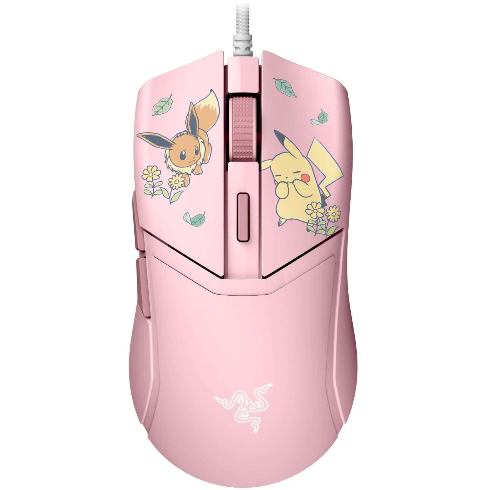 Razer Cobra wired gaming mouse, pink, with Pikachu/Eevee artwork on top