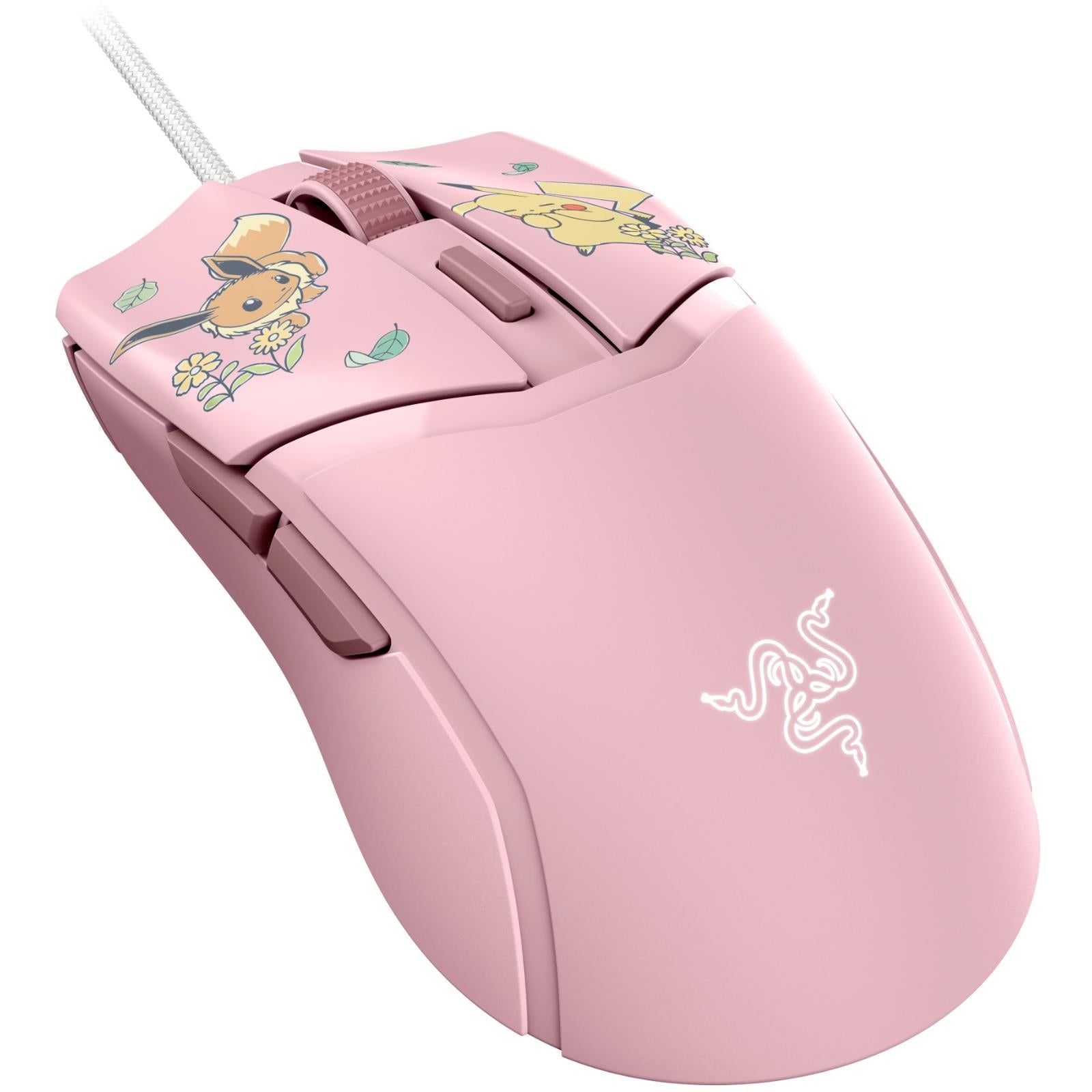 Pink Razer Cobra wired gaming mouse, angled view with Pikachu/Eevee decals
