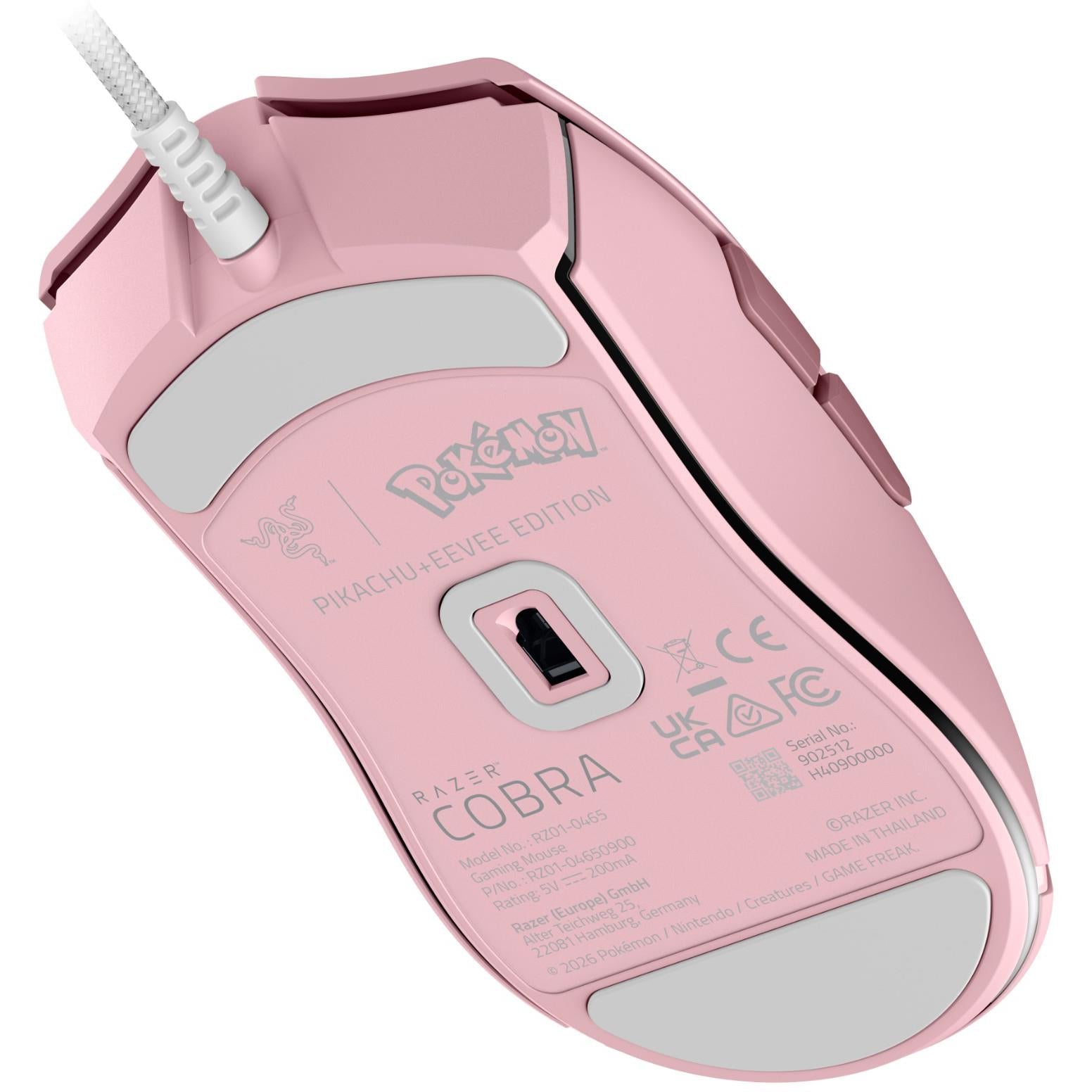 Razer Cobra wired gaming mouse base in pink with underside text and icons