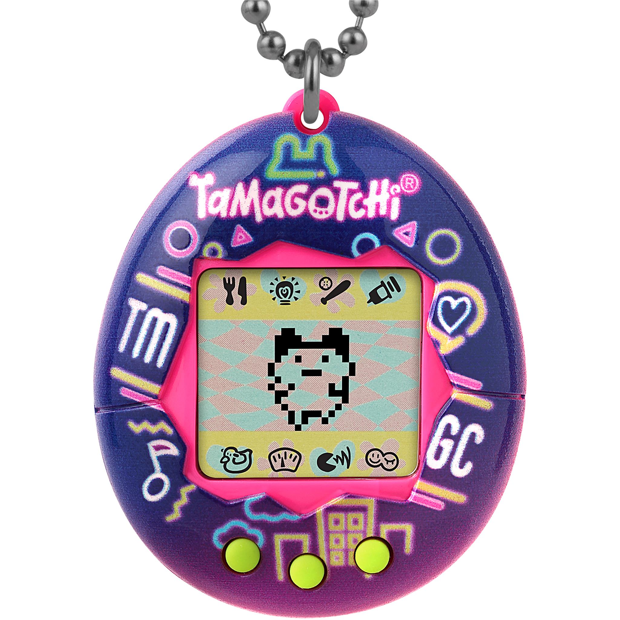 Neon Tamagotchi handheld digital pet keychain, oval blue/pink shell with screen
