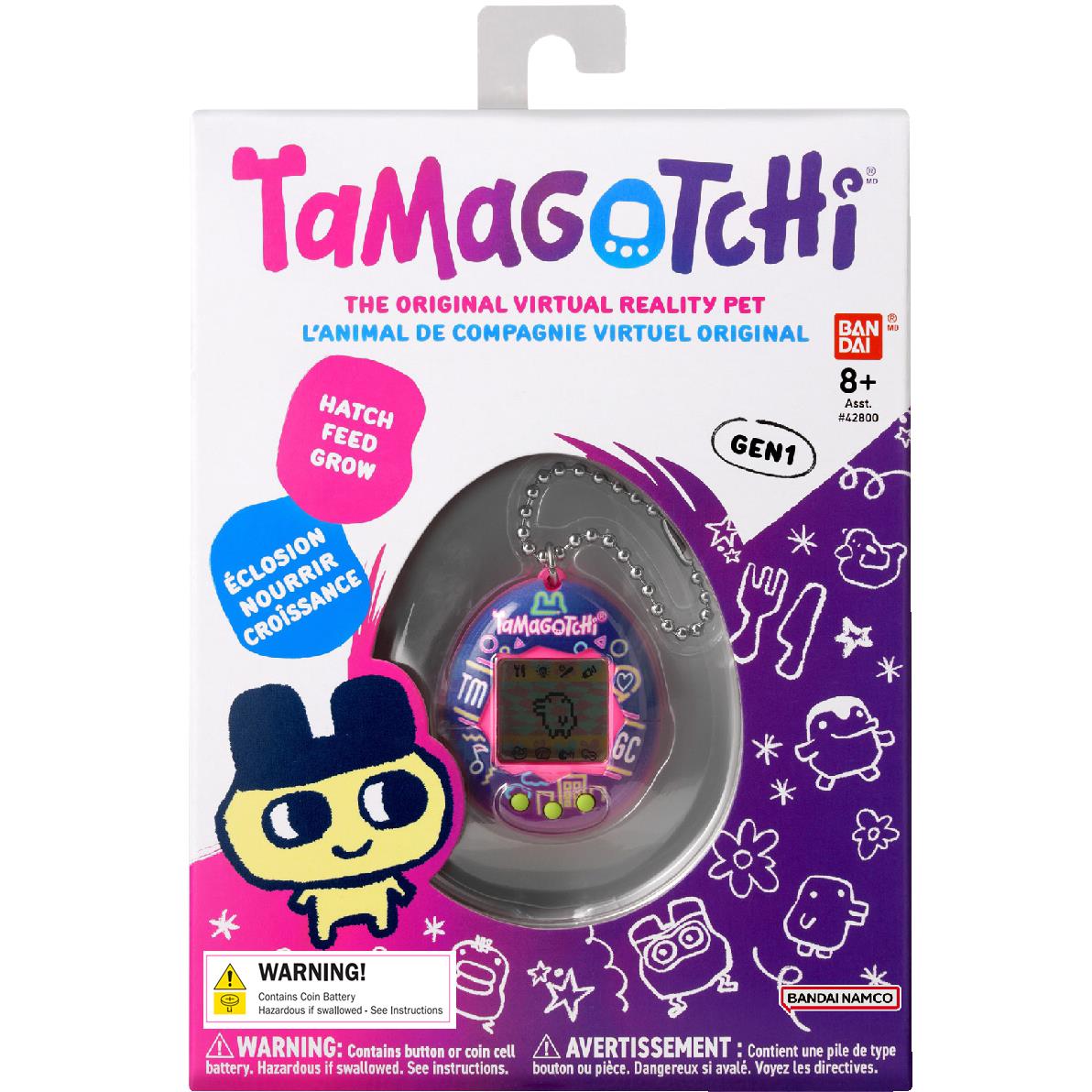 Tamagotchi Gen 1 Neon Lights retail box, Tamagotchi logo and product blister