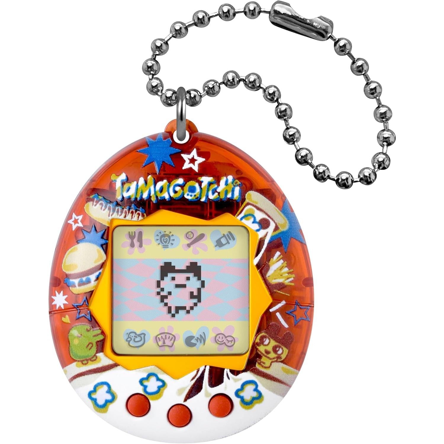 Oval orange Tamagotchi digital pet keychain with display screen and metal bead chain