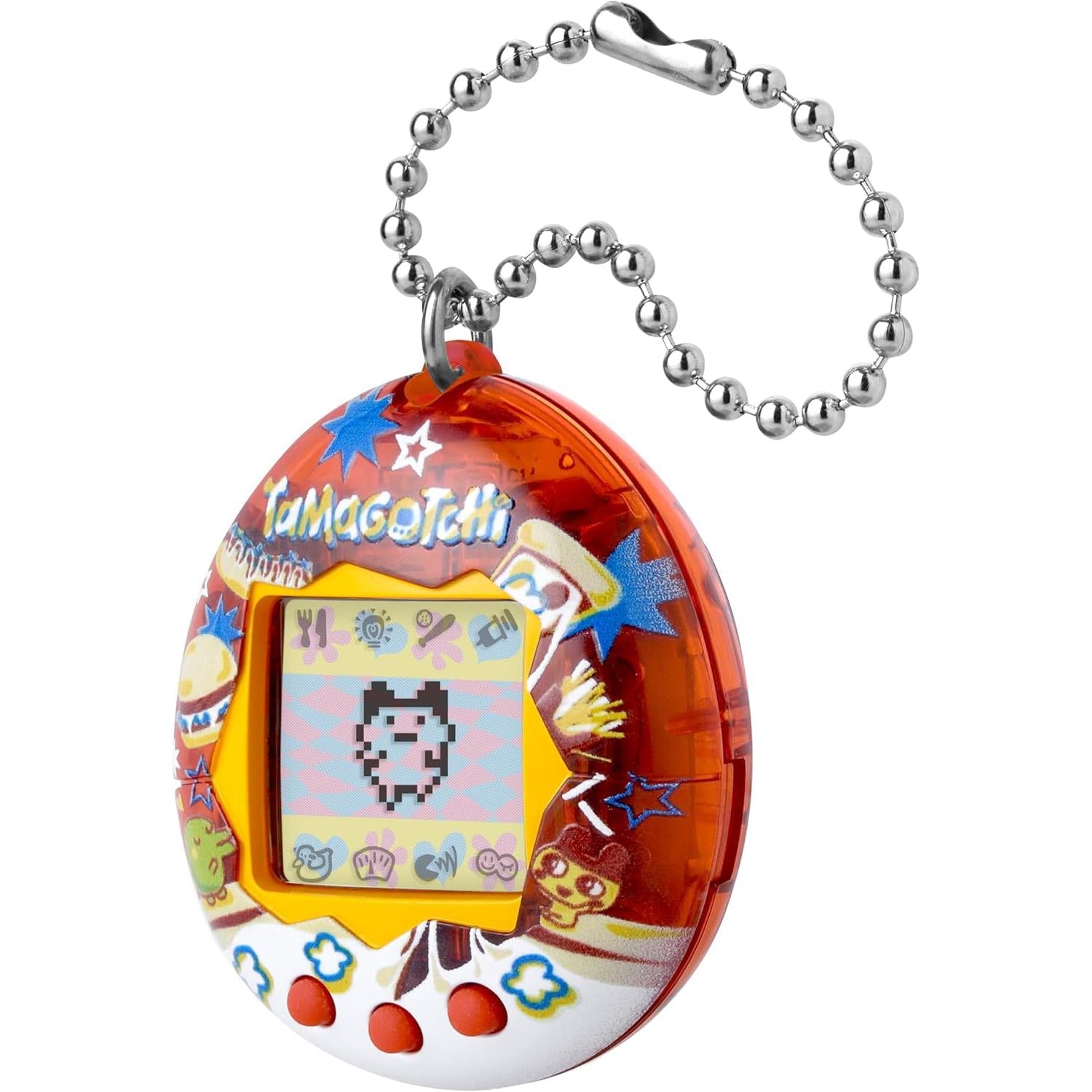 Orange Tamagotchi digital pet keychain with screen inside oval pendant and bead chain