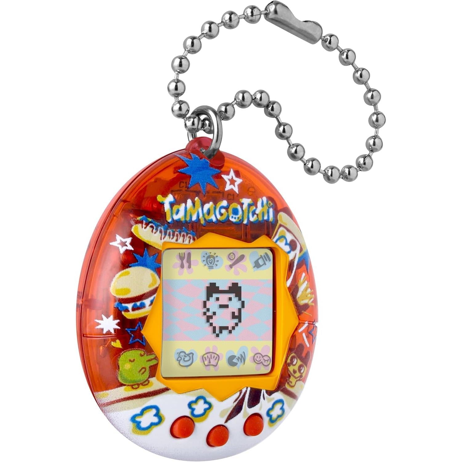 Red-orange Tamagotchi digital pet keychain pendant with display screen and metal bead chain